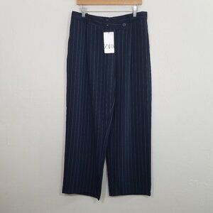 NWT Zara High Rise Wide Leg Striped Dress Pants Blue Size L